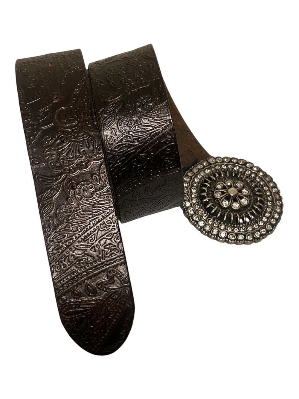 Vintage Fossil Genuine Leather Belt Black Floral Rhinestones Buckle Womens S